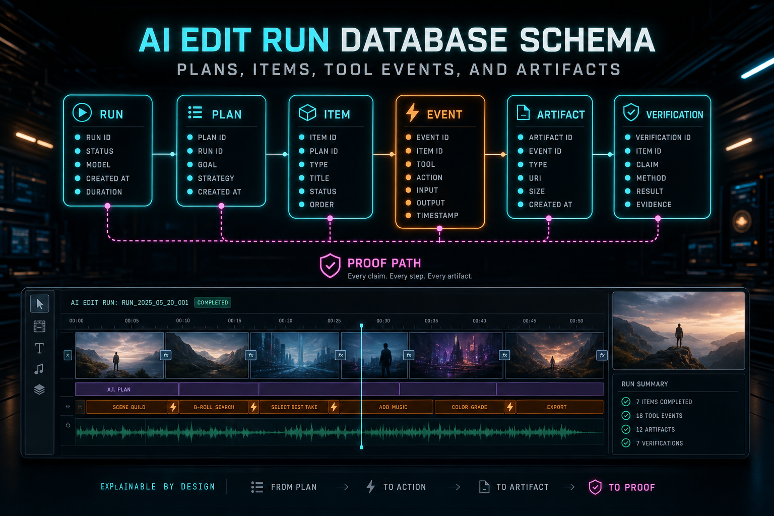 A complete AI edit run schema glowing above a finished VibeChopper timeline.