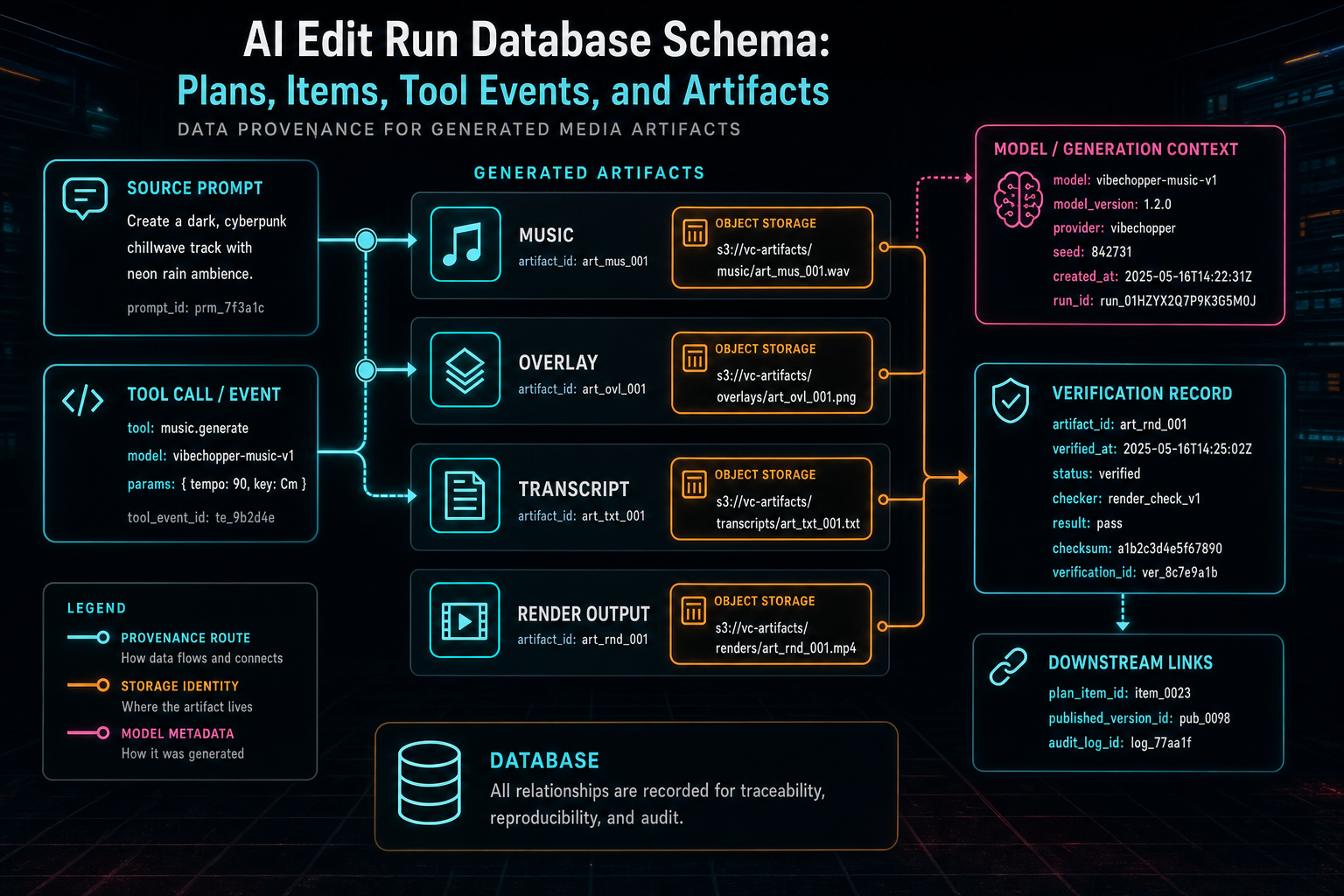 Data provenance diagram connecting generated artifacts to prompts, tools, object storage paths, and render verification.