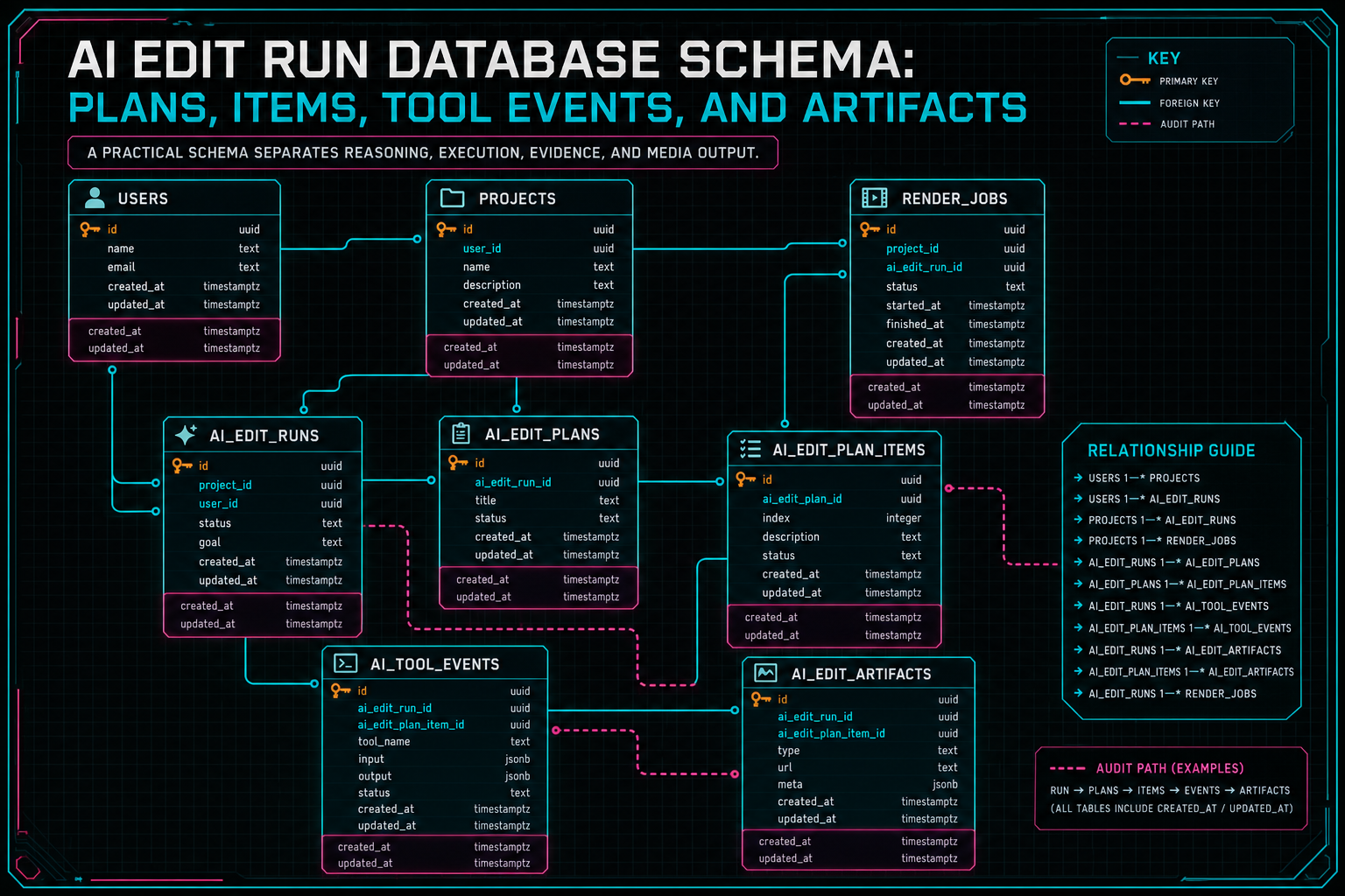 Entity relationship diagram for AI edit runs, plans, plan items, tool events, and artifacts.