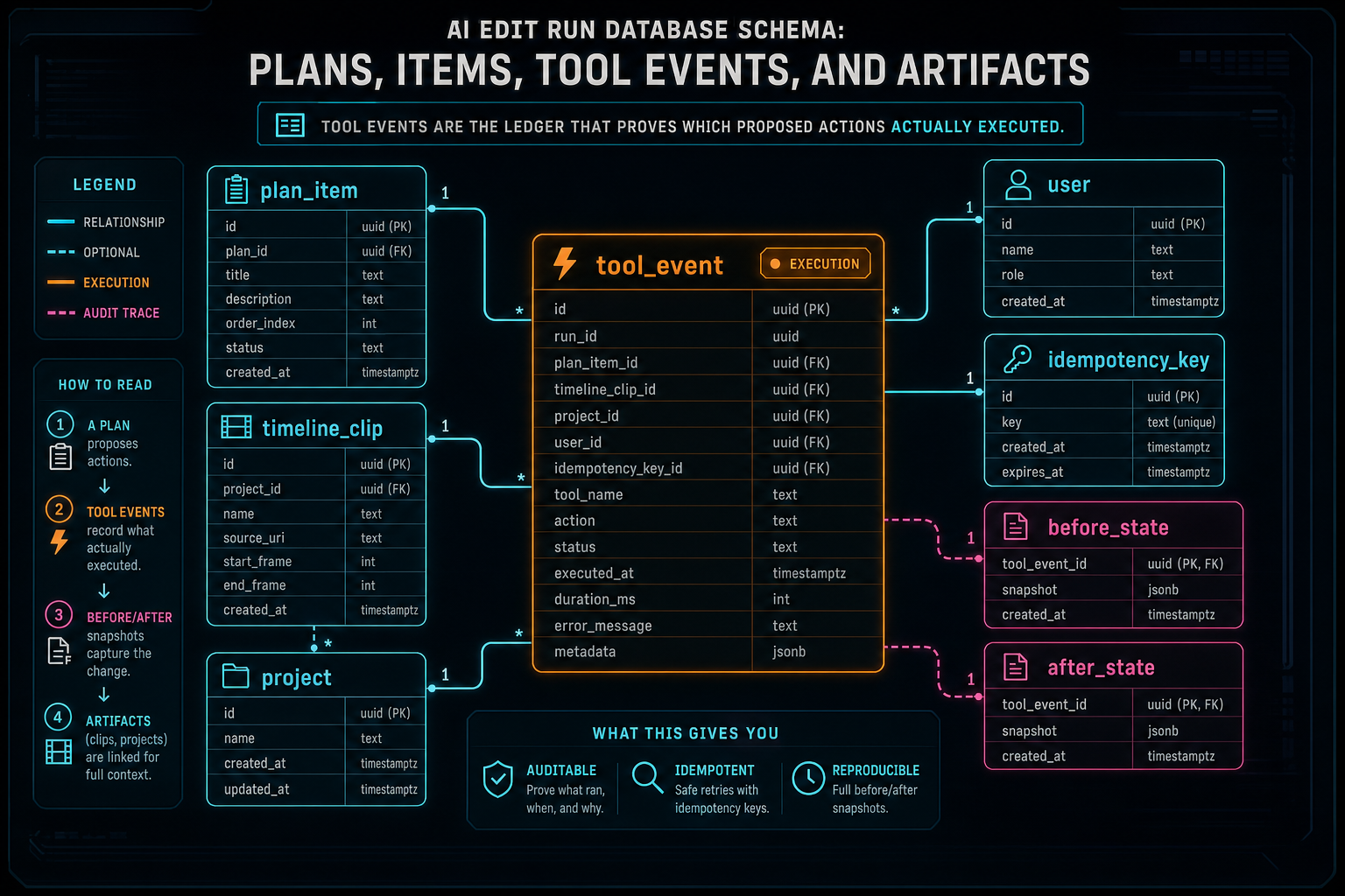 Ledger diagram showing tool events linked to plan items, timeline objects, users, and idempotency keys.
