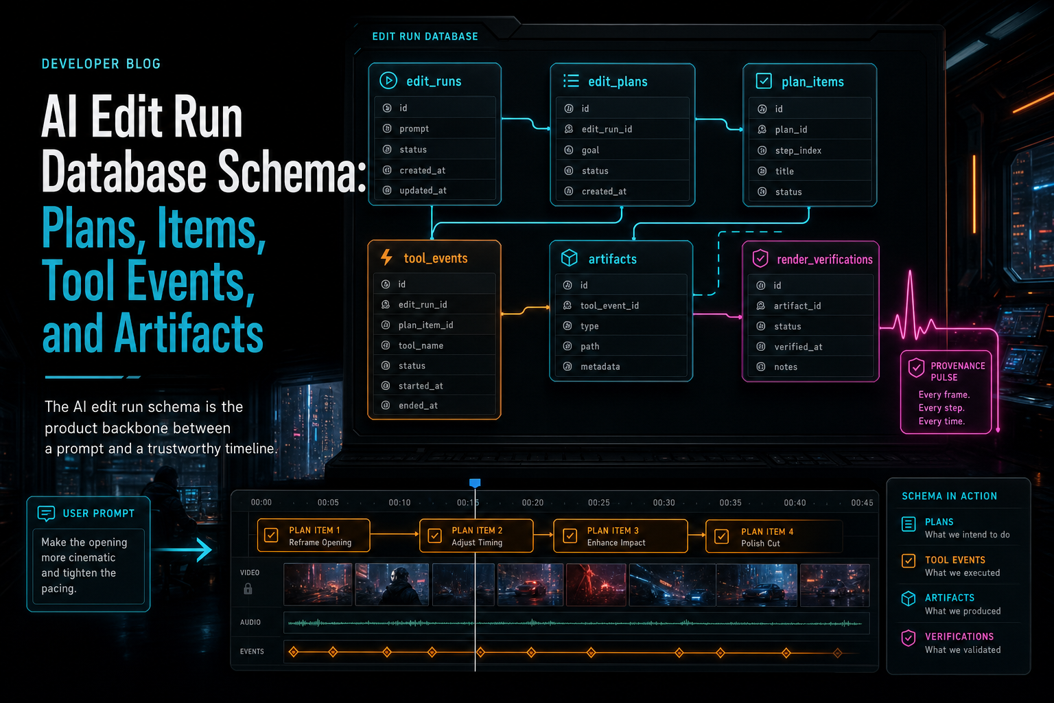 A dark VibeChopper database console showing AI edit runs connected to plans, items, events, and artifacts.