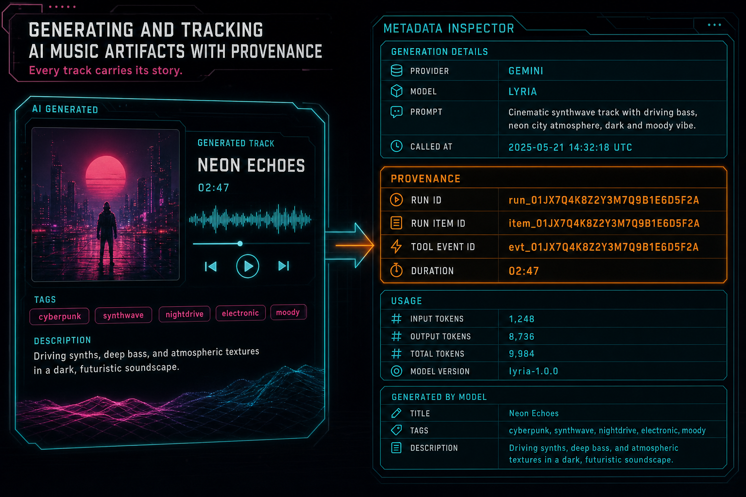 A product callout showing metadata fields stored with a Gemini Lyria music asset.