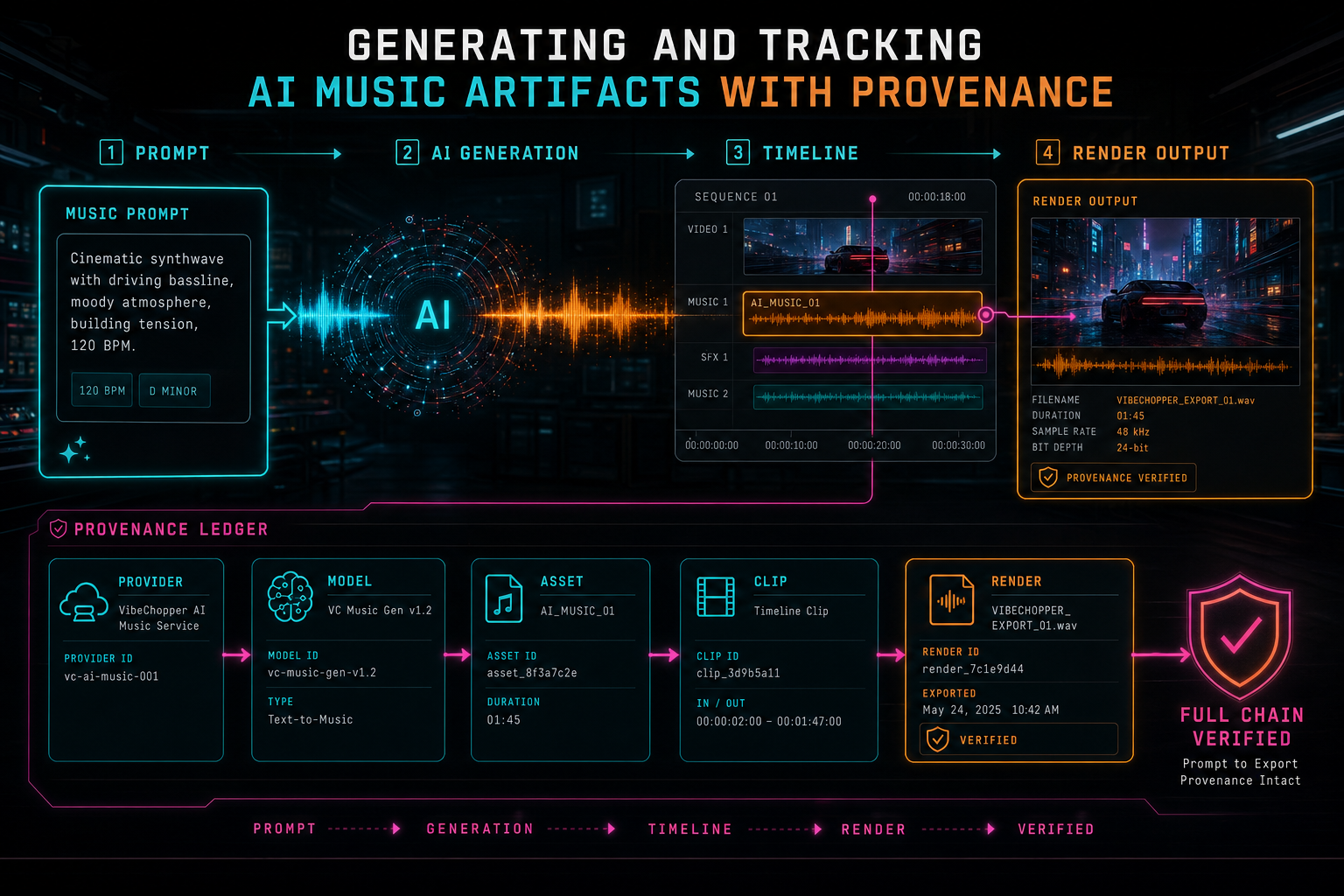 A complete VibeChopper artifact chain from AI music prompt through timeline placement to verified render output.