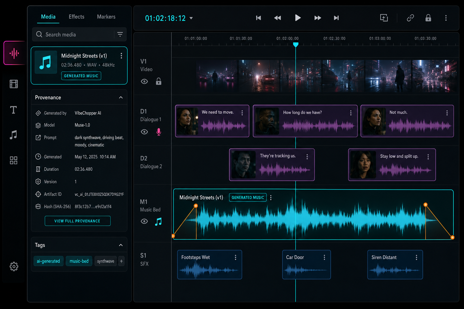 VibeChopper timeline with a generated music track below dialogue clips and provenance badges in the media panel.