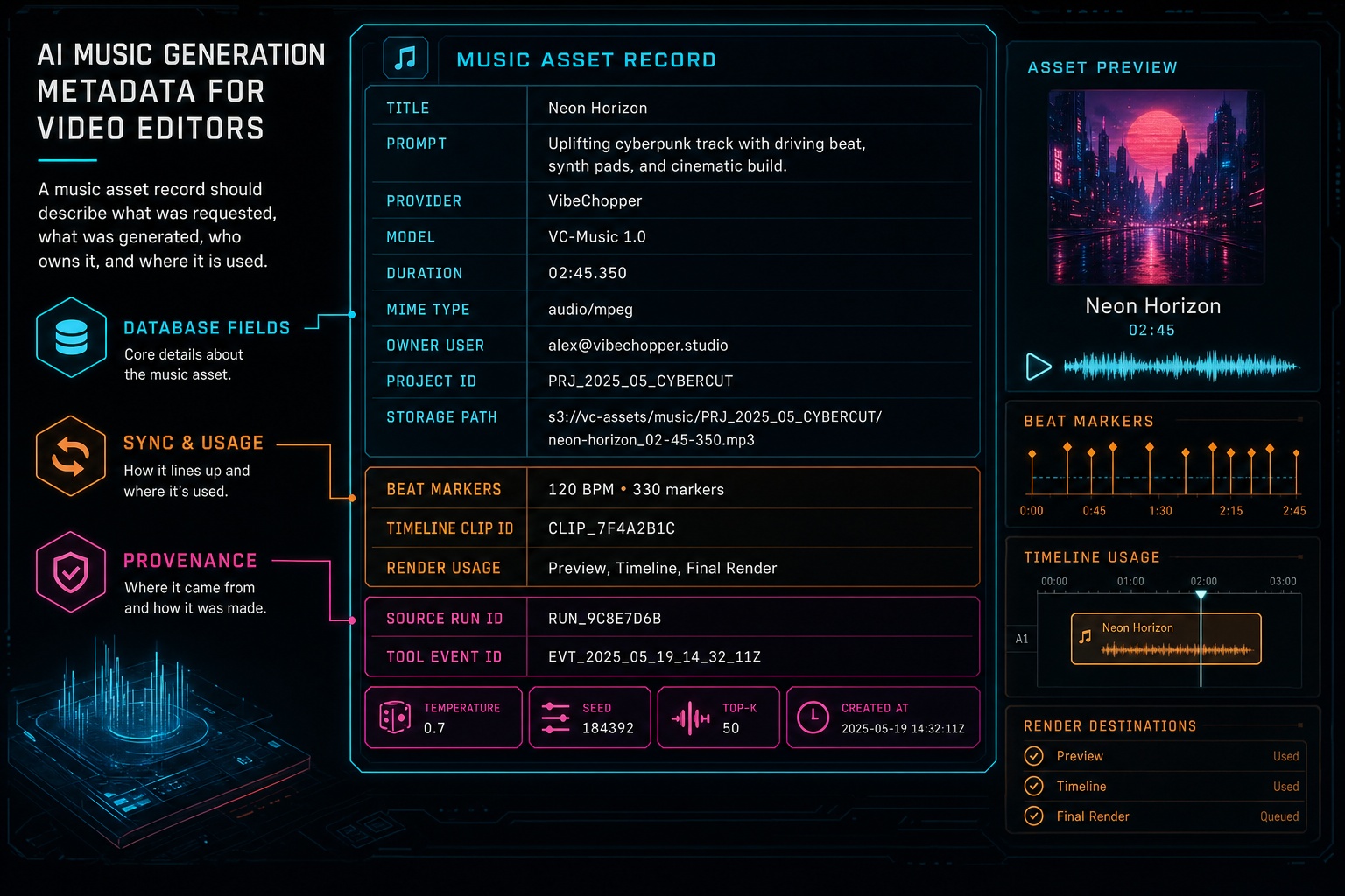 A product callout showing the fields in an AI music asset record for a video editor.