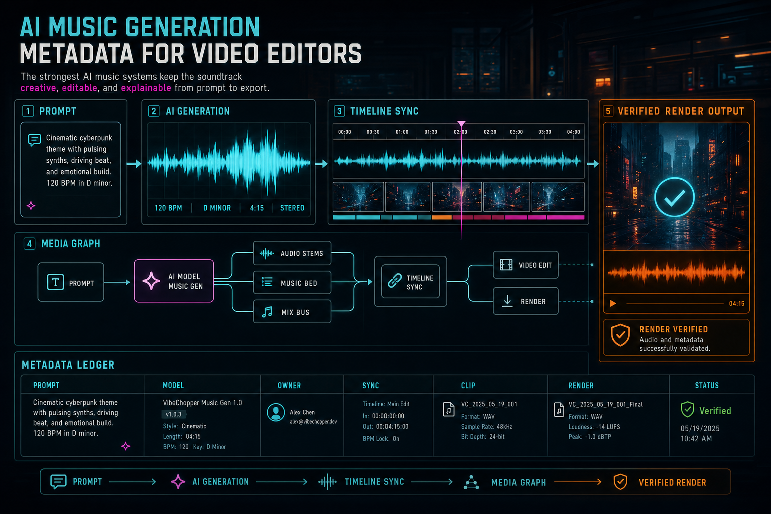 A complete AI music metadata chain from prompt to waveform, timeline sync, media graph, and verified render output.