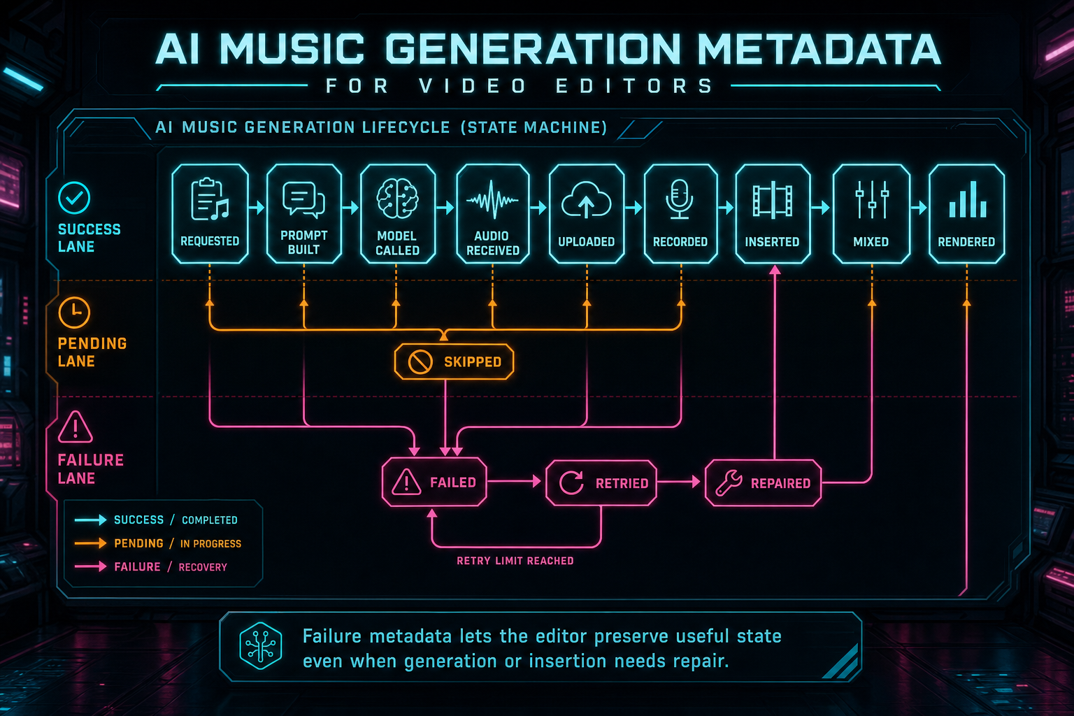 State diagram for AI music generation metadata across completed, skipped, failed, retried, inserted, and rendered states.
