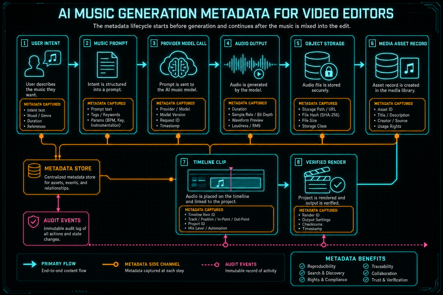 Architecture diagram showing the lifecycle of AI music metadata from request to model call, object storage, media graph, timeline, and render.