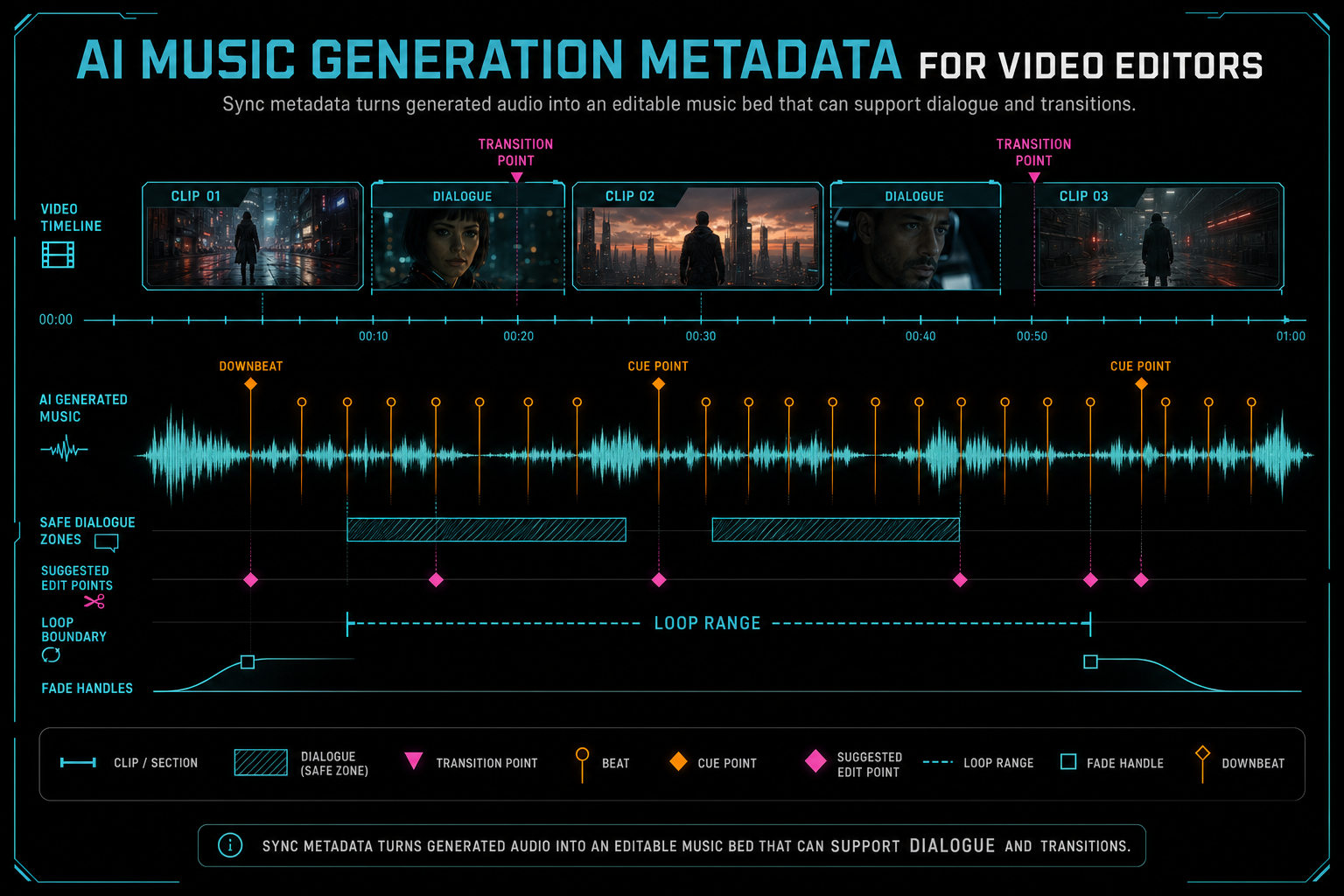 Diagram showing generated music sync metadata mapped to video beats, dialogue gaps, clip transitions, and timeline edit points.