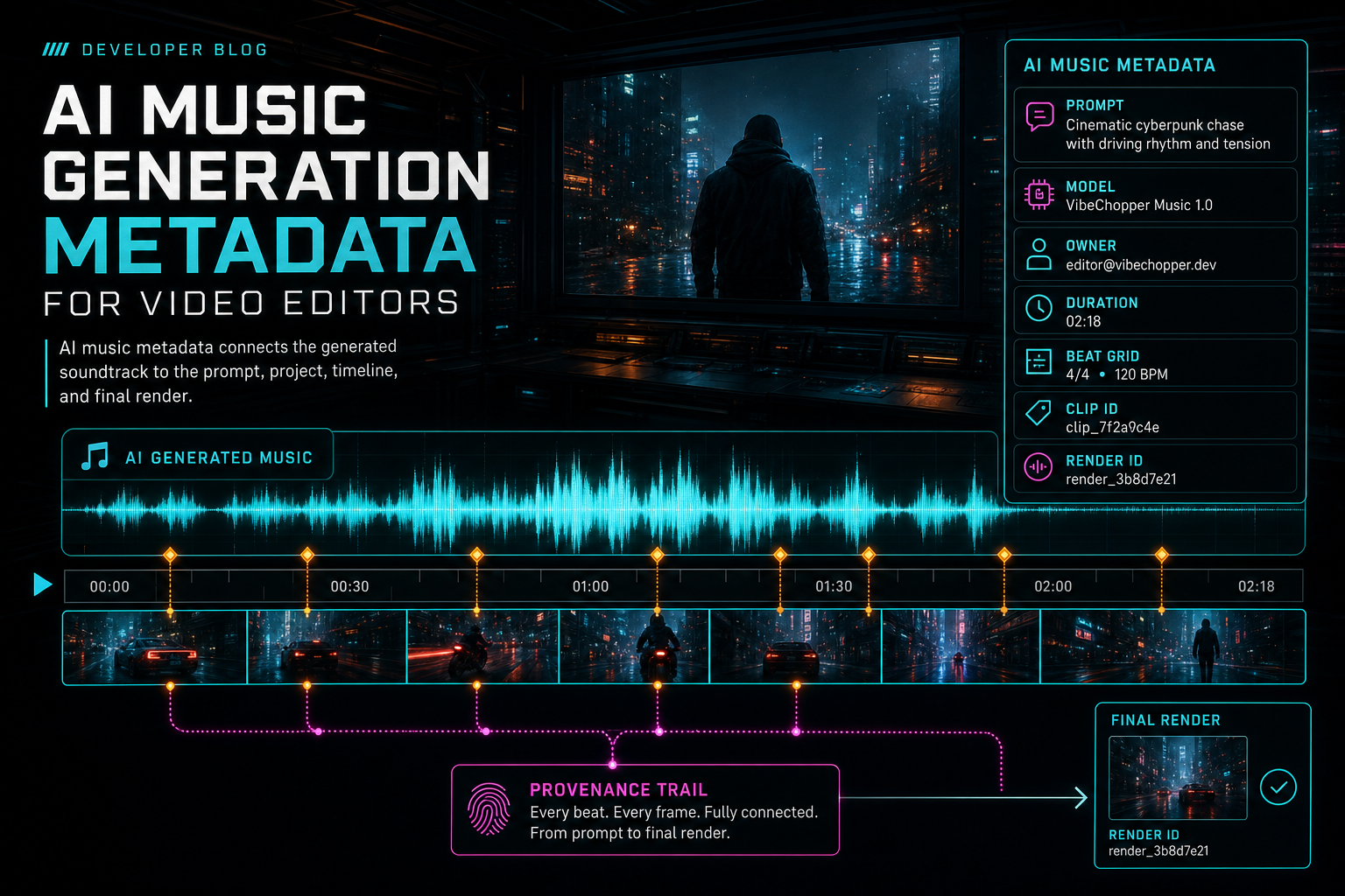 A dark VibeChopper edit lab showing an AI generated music waveform with metadata tags attached to timeline sync points.