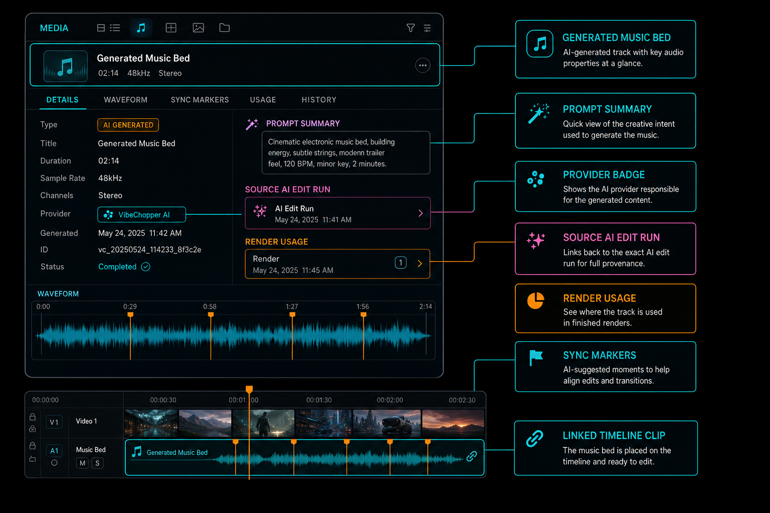 VibeChopper media panel showing a generated music bed with provenance, prompt summary, sync markers, and timeline usage.
