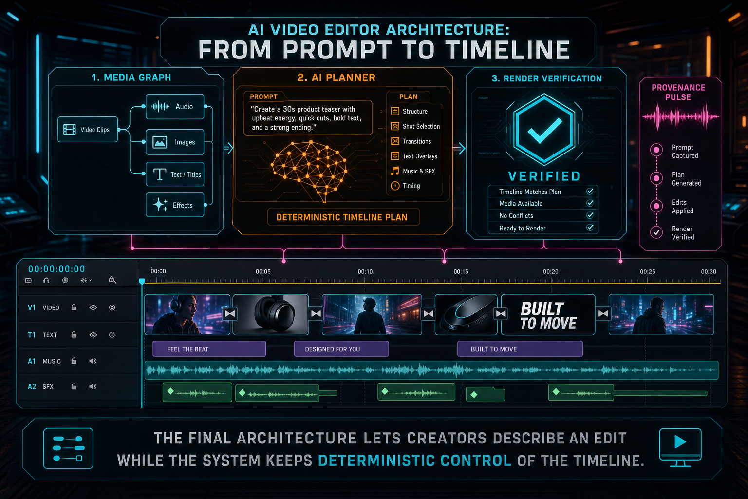 A finished multitrack video timeline with AI planner, media graph, and render verification aligned above it.