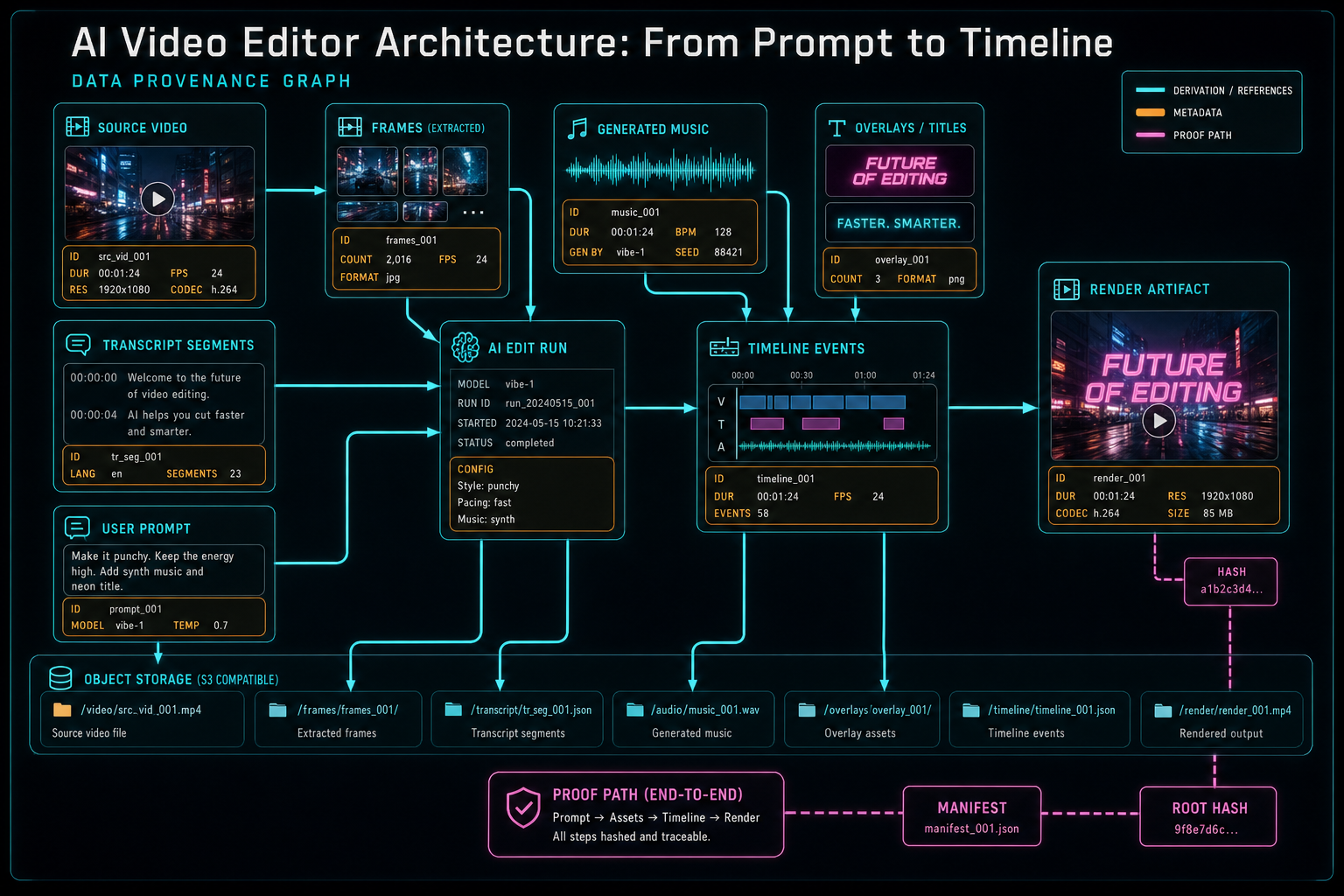 Data provenance diagram connecting source video, frames, transcript, generated audio, overlays, edit run, and render artifact.