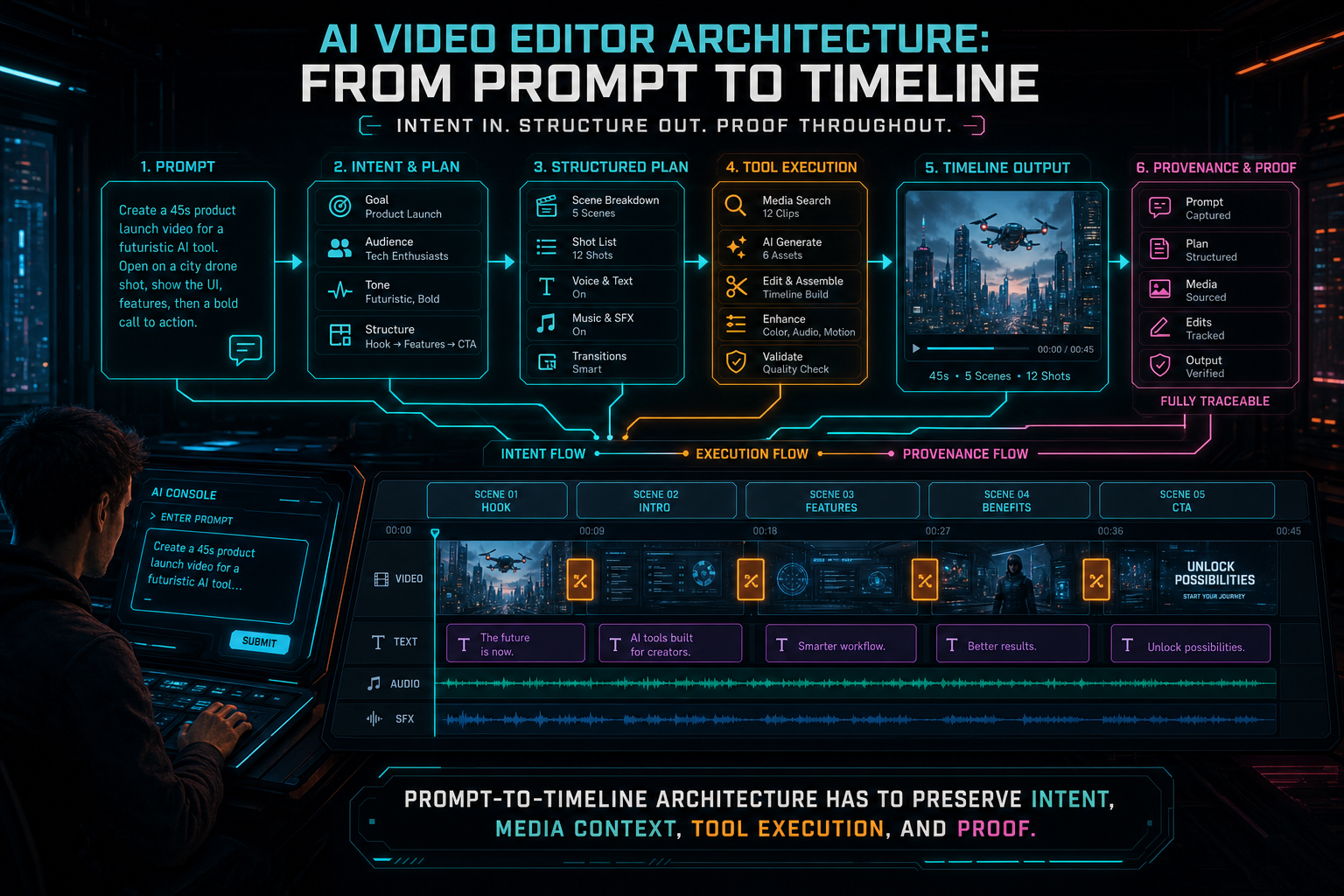 A dark VibeChopper edit lab showing a prompt becoming a structured video timeline.