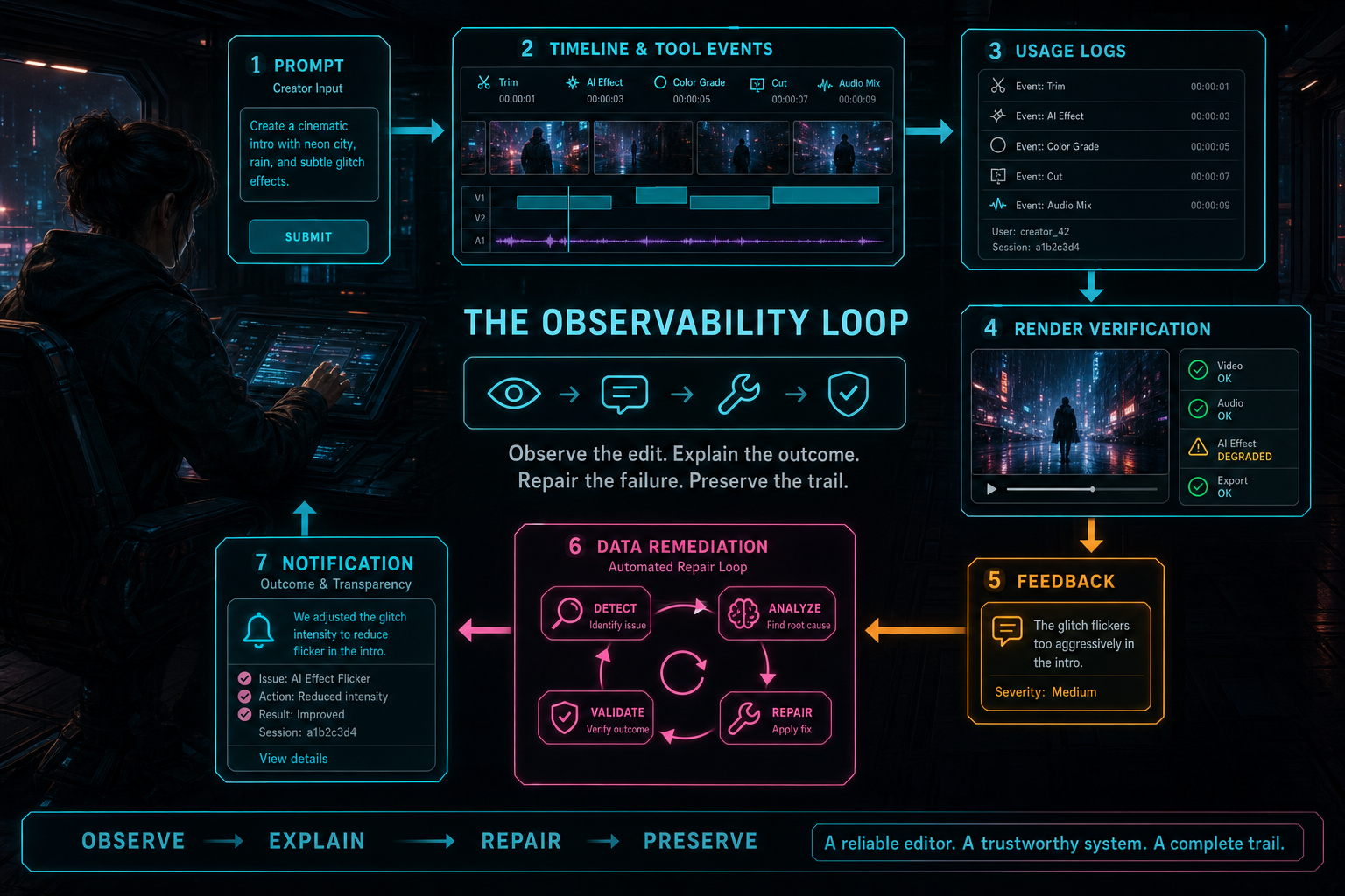 A complete observability loop connecting prompt, timeline, logs, render, feedback, remediation, and notification.