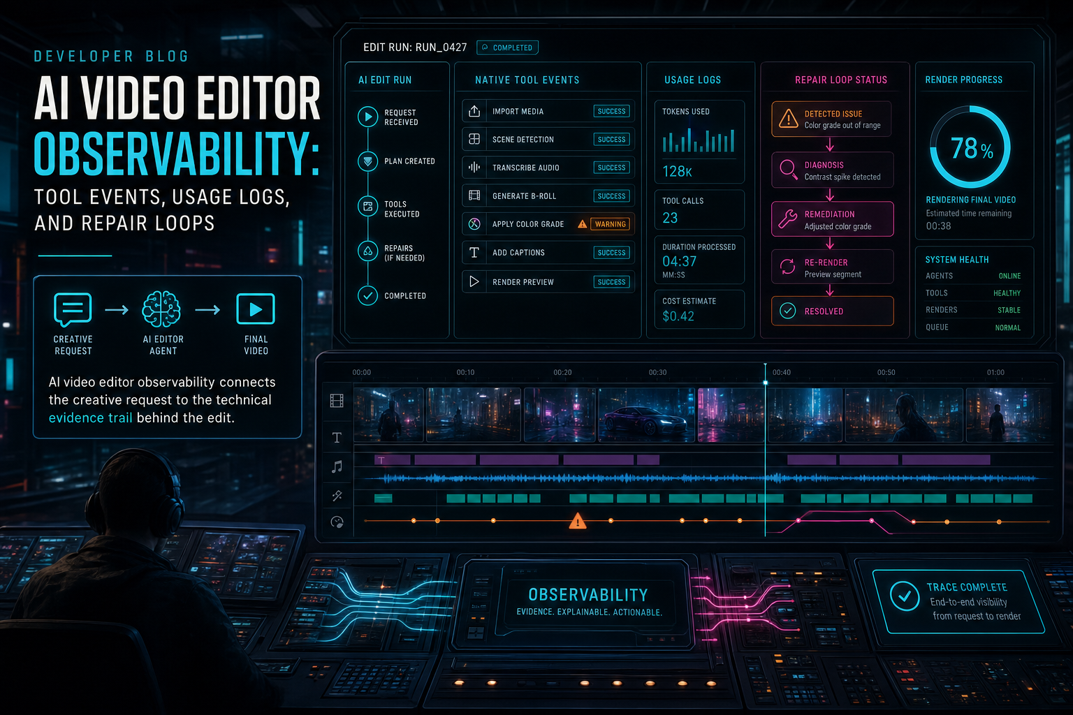 A dark VibeChopper observability console showing AI edit runs, tool events, usage logs, and repair loops.
