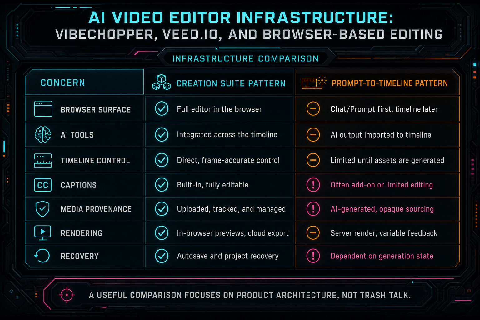 A respectful comparison matrix of browser-based AI video editor infrastructure concerns.