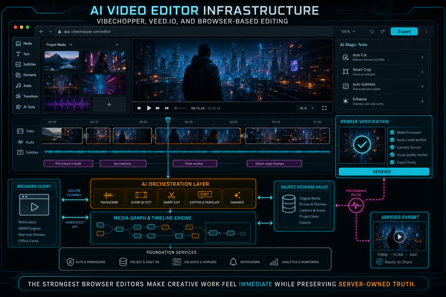 A complete browser AI video editor stack with user interface, AI orchestration, media graph, storage, and verified export.