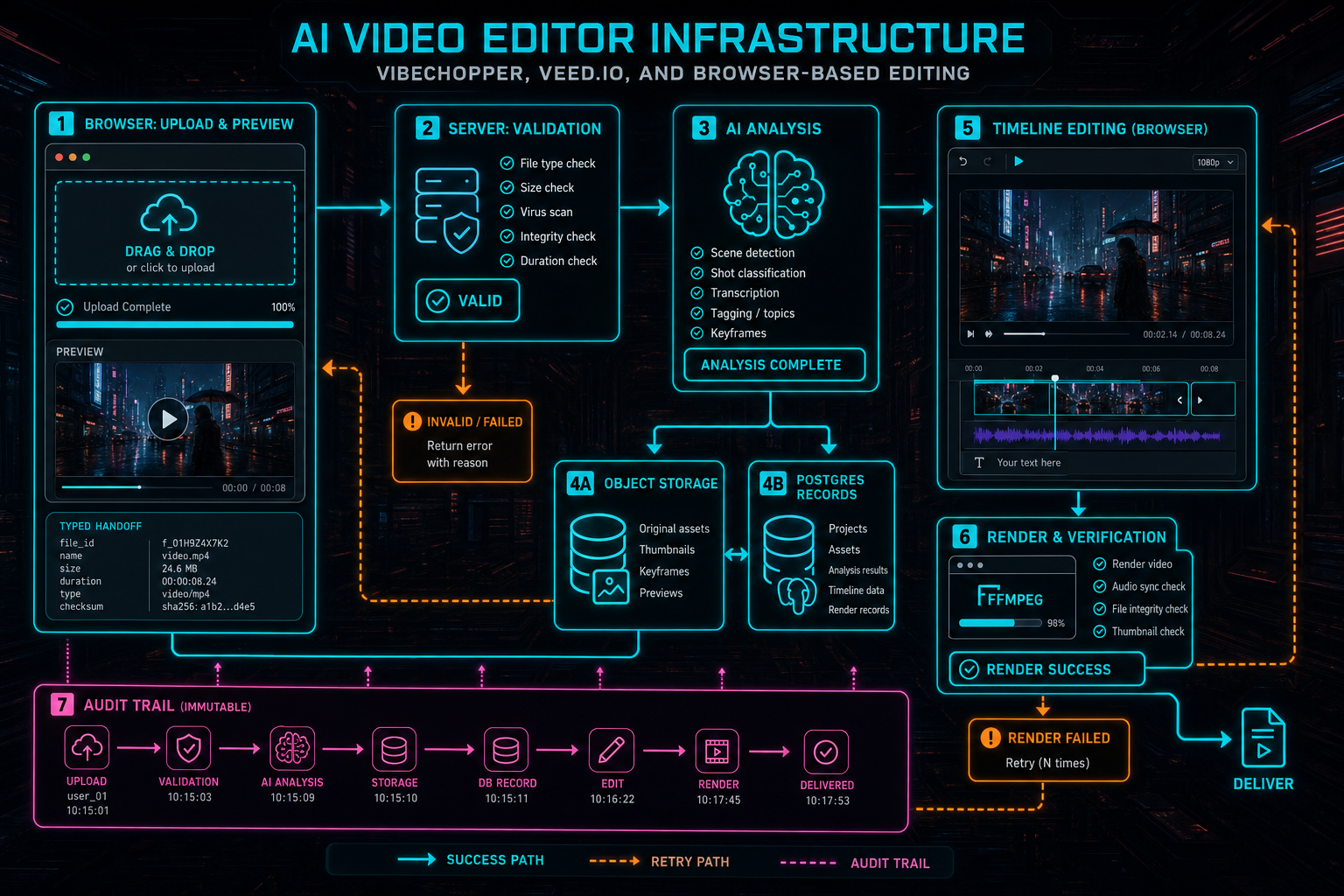 Workflow diagram from browser upload through server validation, object storage, AI analysis, timeline editing, and render verification.