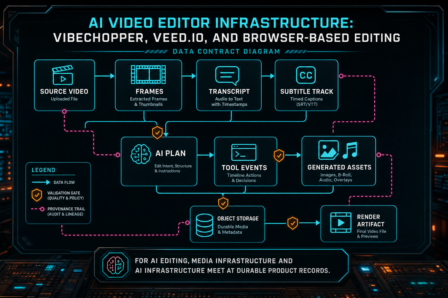 Data contract diagram linking uploaded videos, frame descriptions, transcripts, AI plans, timeline events, generated assets, and render artifacts.