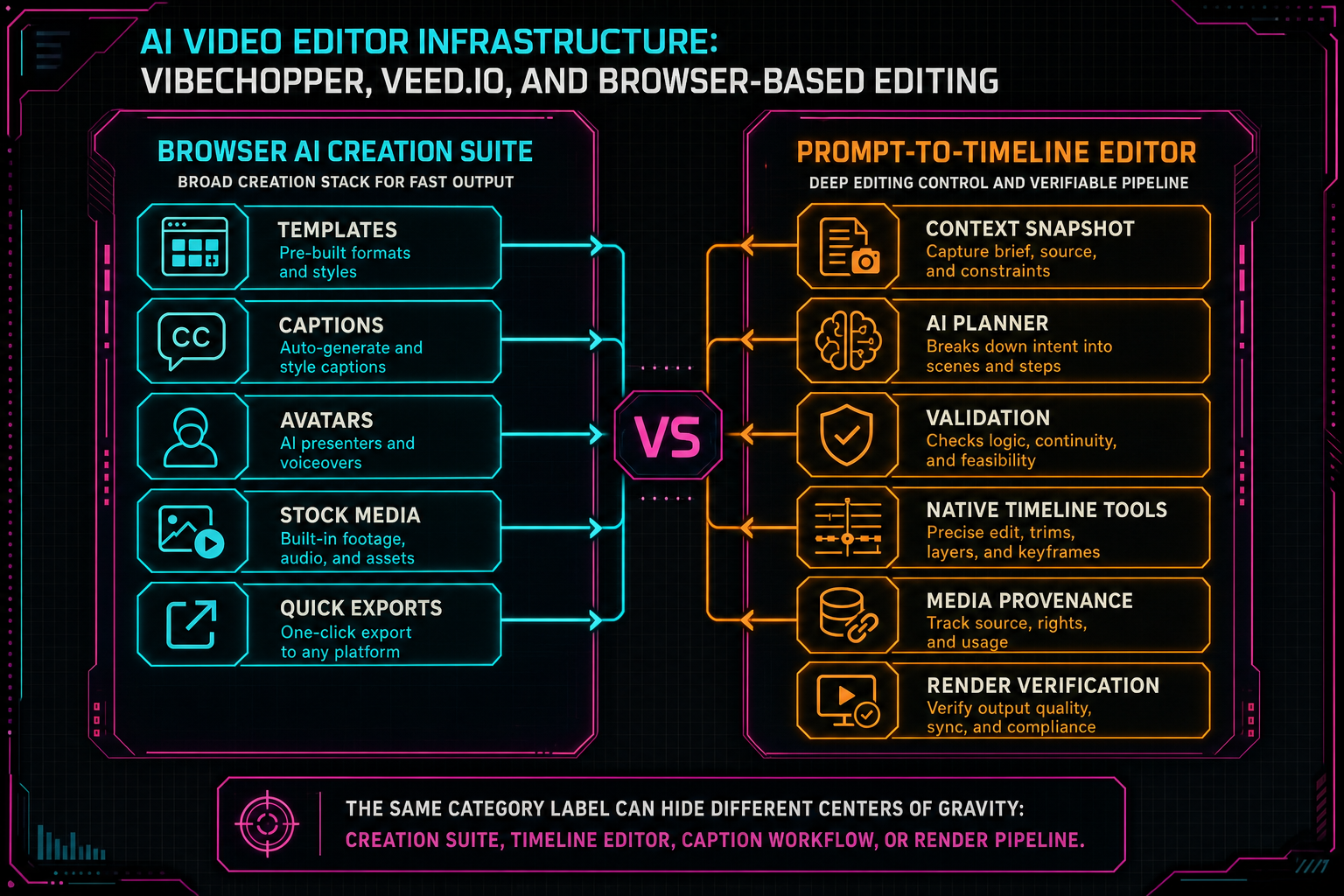 Architecture diagram contrasting a broad AI video creation suite with a prompt-to-timeline editor infrastructure.