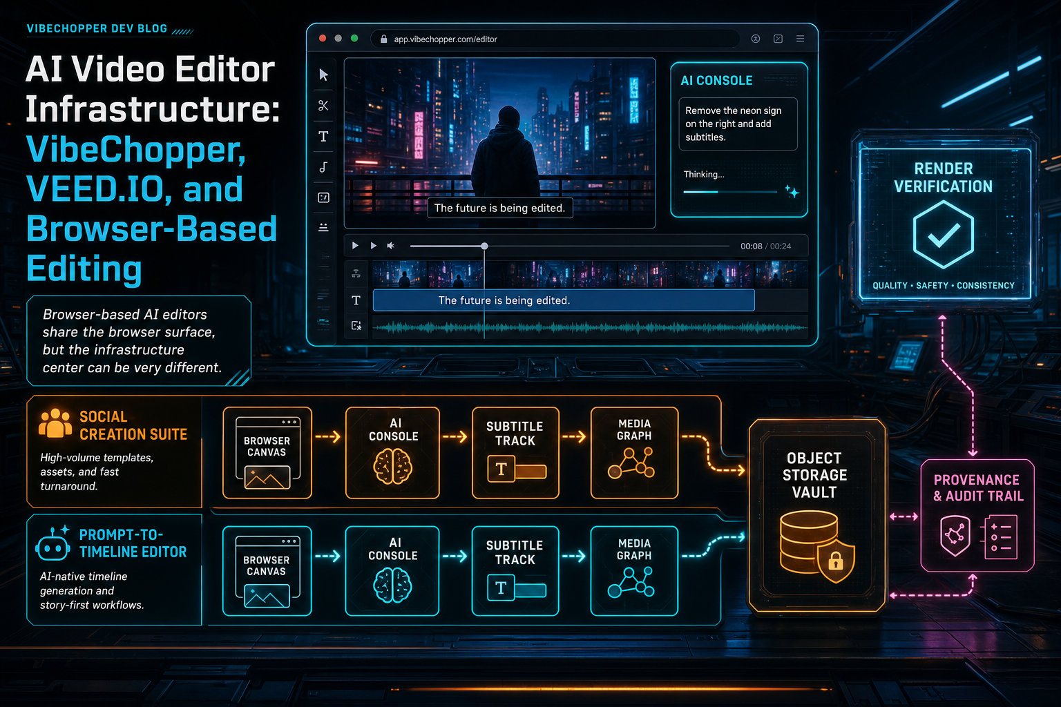 A dark VibeChopper edit lab comparing browser AI video editor infrastructure patterns.