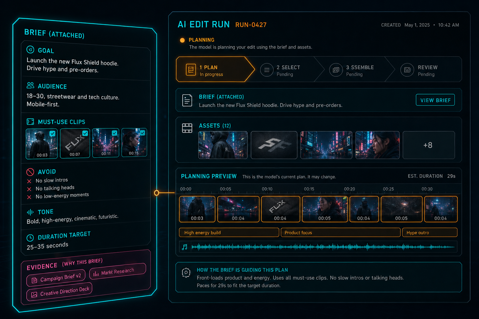 A VibeChopper UI callout showing a brief card attached to an AI edit run.