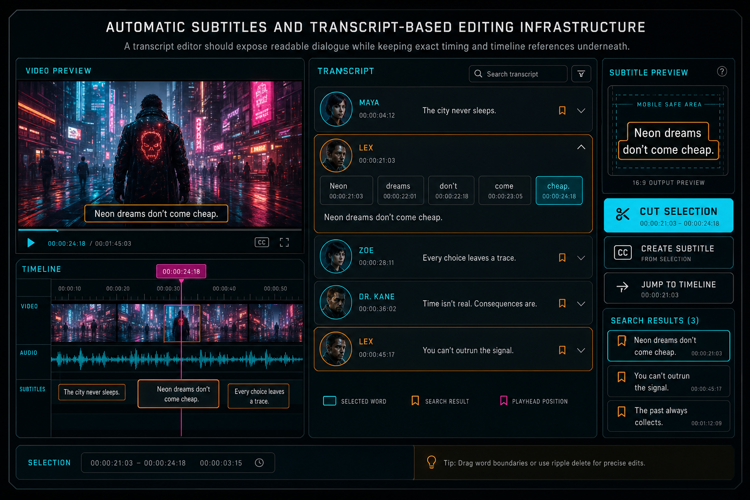A VibeChopper transcript editor UI callout with speaker rows, word timings, subtitle preview, search, and cut actions.