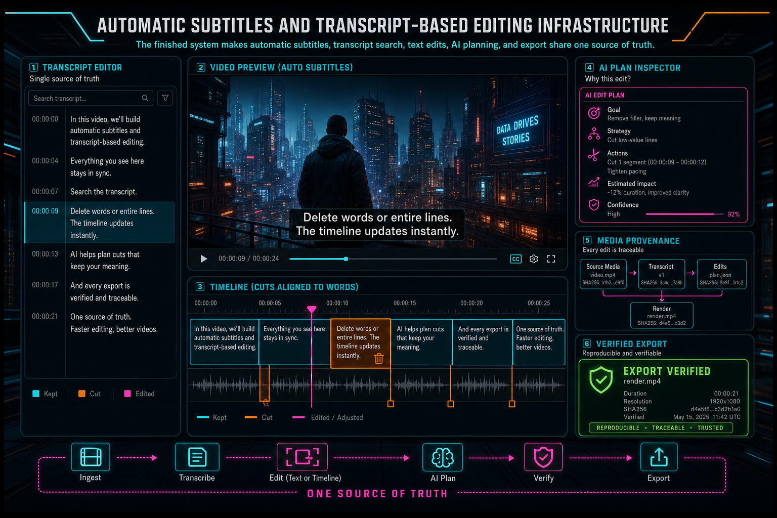 A complete VibeChopper transcript and subtitle system with video preview, captions, text cuts, AI plan, and verified export.