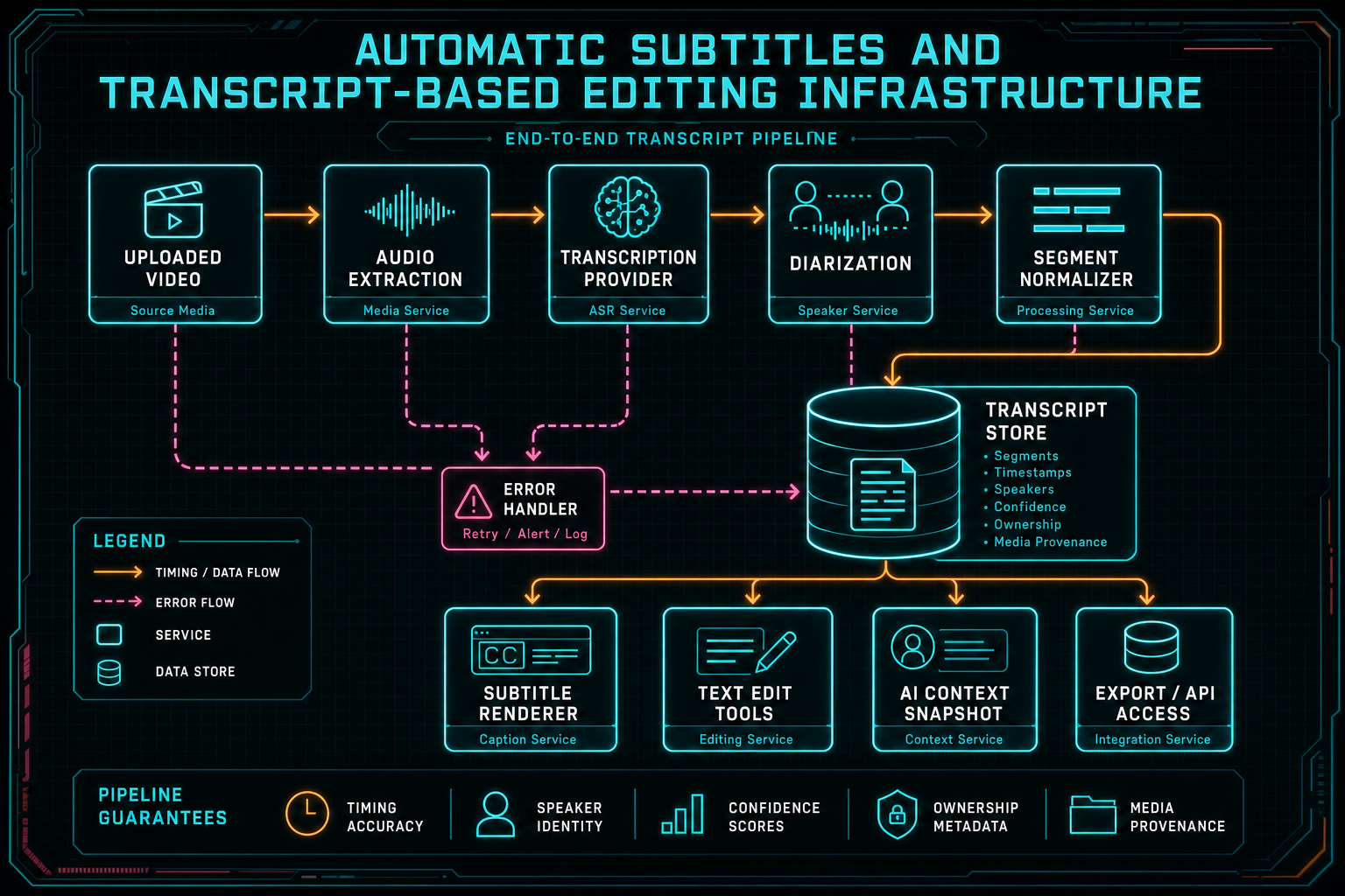 Architecture diagram from uploaded video through audio extraction, transcription, diarization, segment storage, captions, and edit tools.