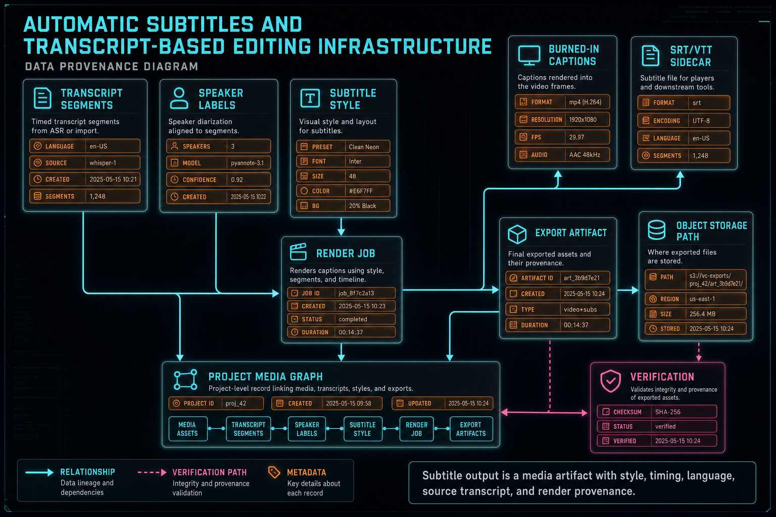 Data provenance diagram connecting transcript segments, subtitle styles, caption burn-in, sidecar exports, render artifacts, and project records.