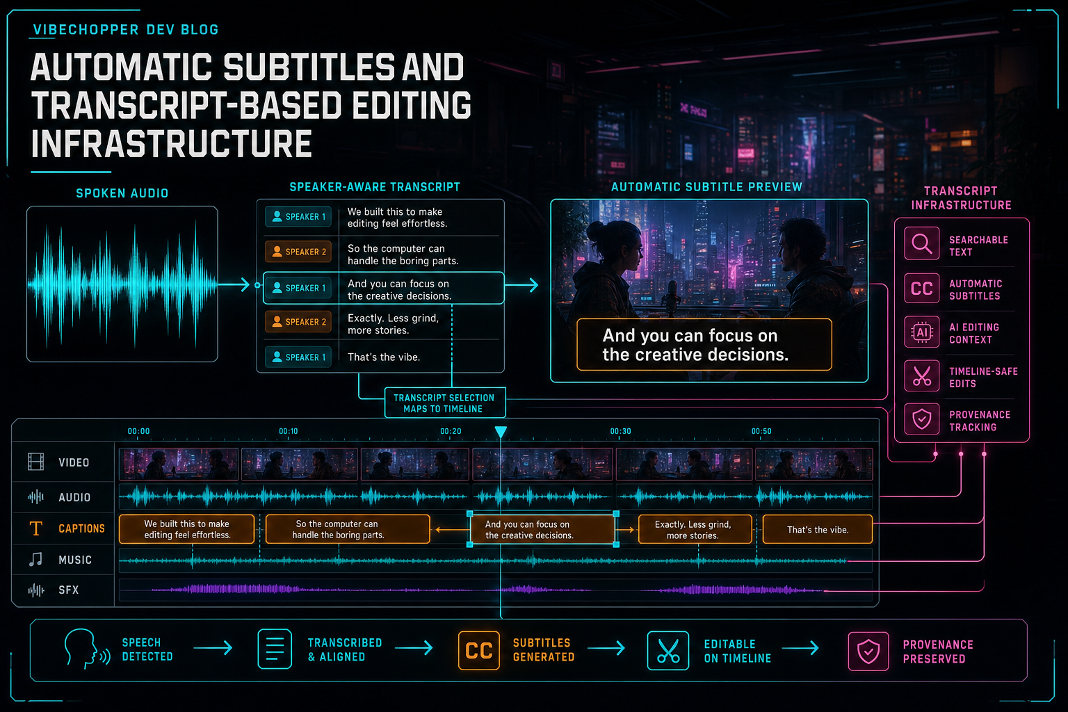 A dark VibeChopper editing console showing spoken words becoming captions and timeline edits.