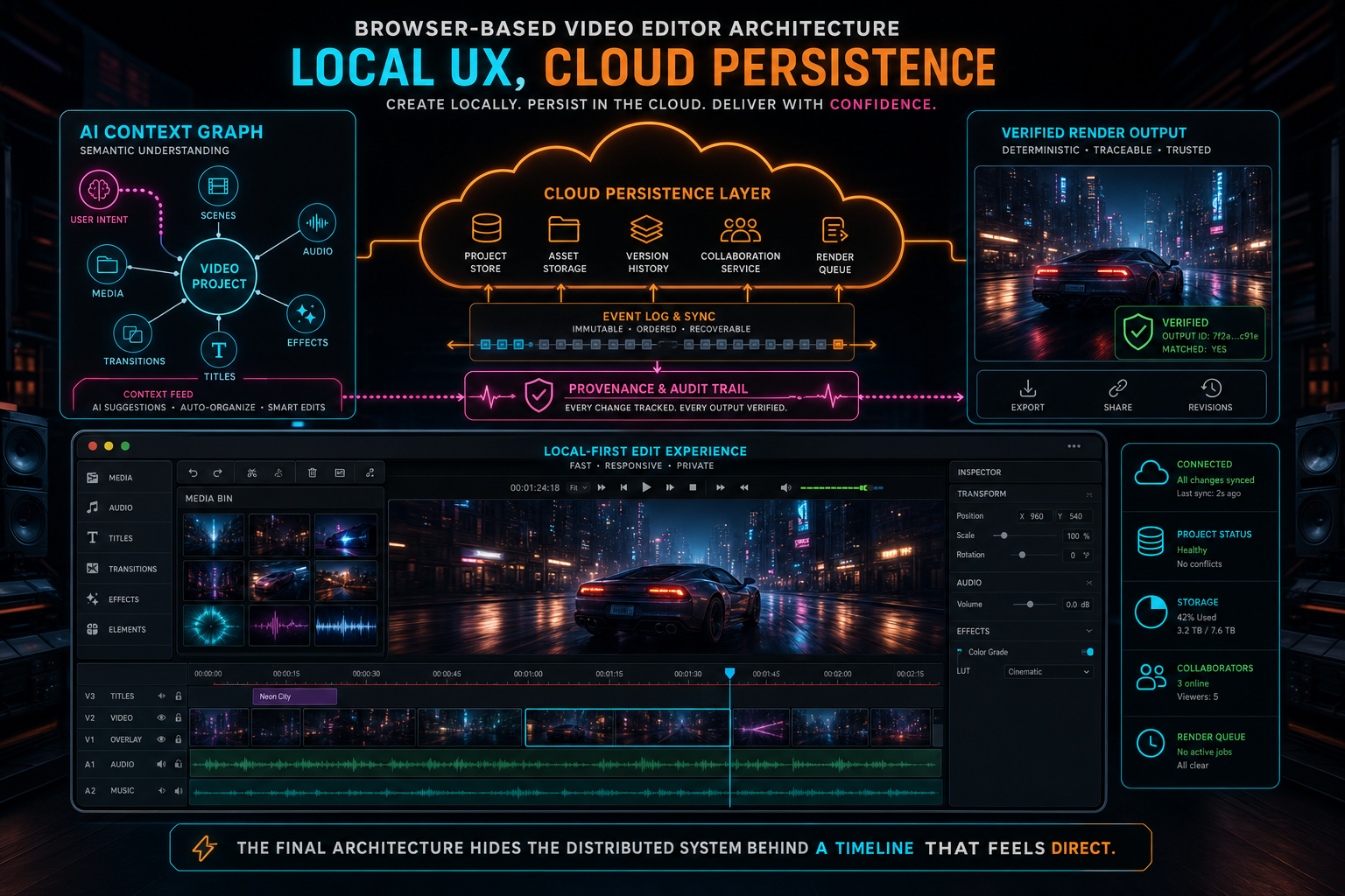 A complete browser and cloud video editor system with local timeline interaction and verified cloud output.