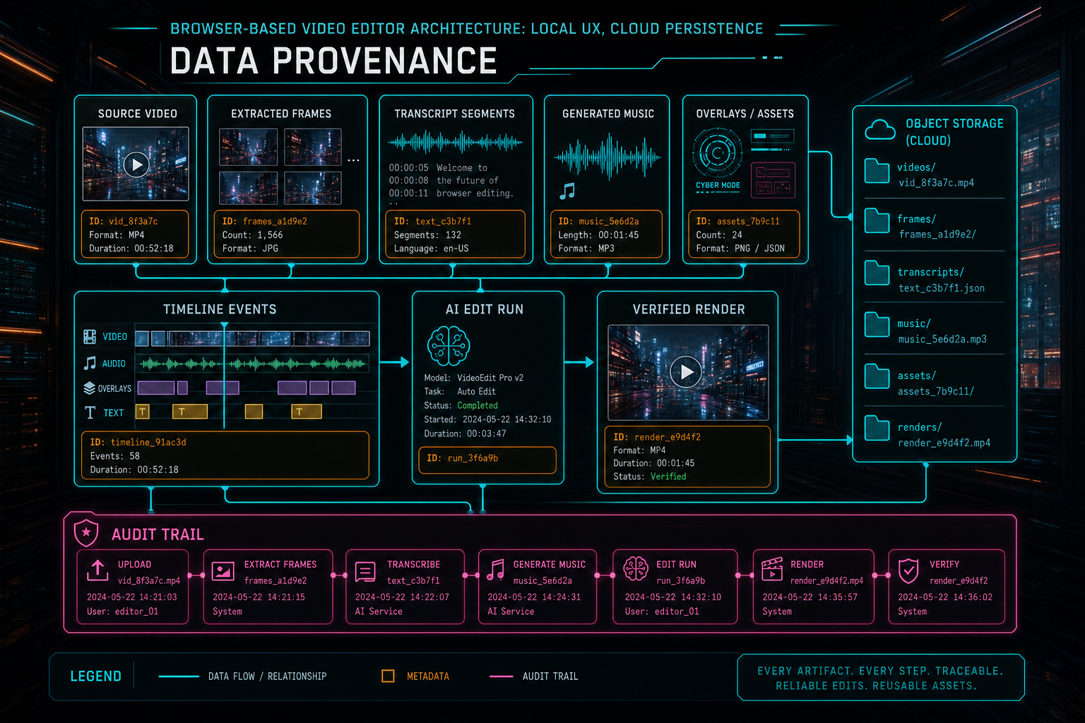 Data provenance diagram connecting source files, frames, transcripts, generated assets, timeline events, and cloud render outputs.