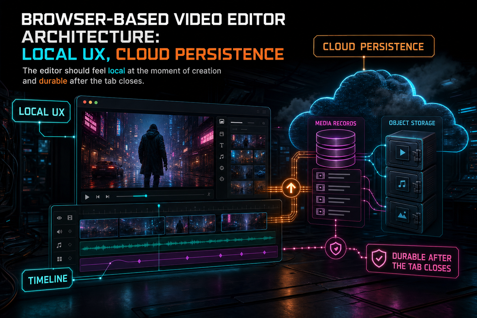 A dark VibeChopper edit lab showing local browser playback connected to cloud persistence.