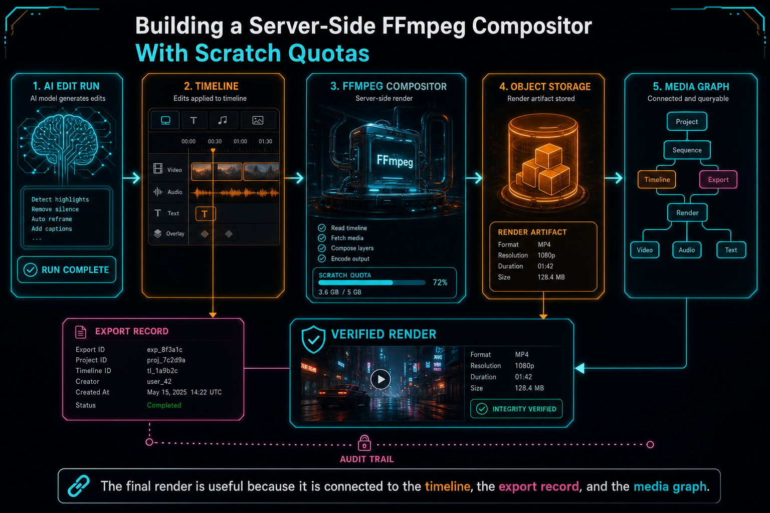 A complete VibeChopper cloud render pipeline from AI edit run to timeline, compositor, object storage, and media graph.