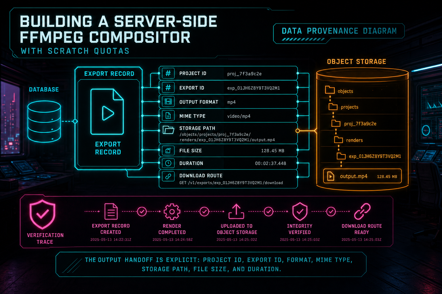 Data provenance diagram showing an export ID mapped to a stable object-storage render path.