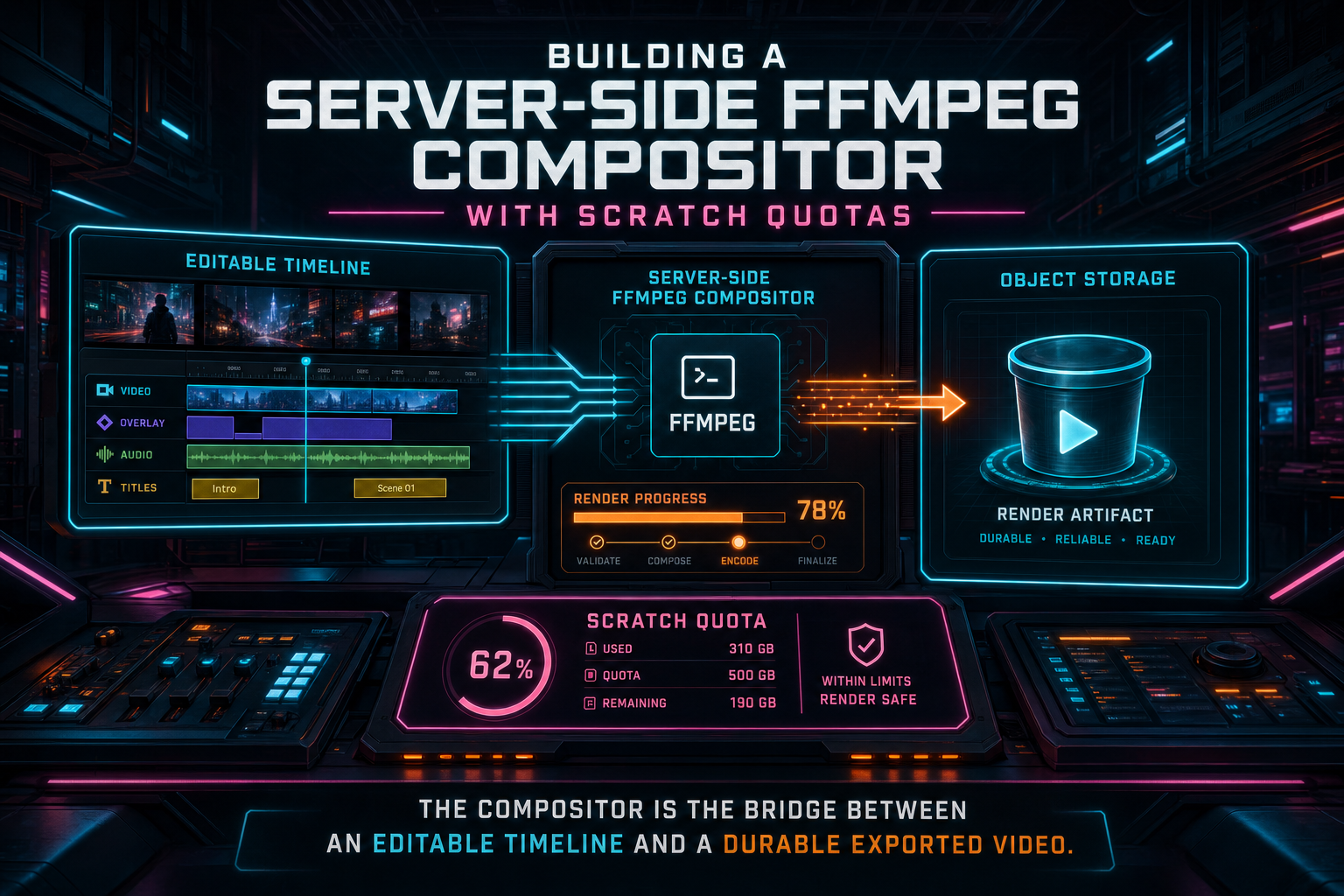 A dark VibeChopper render console showing a timeline flowing through FFmpeg into object storage.