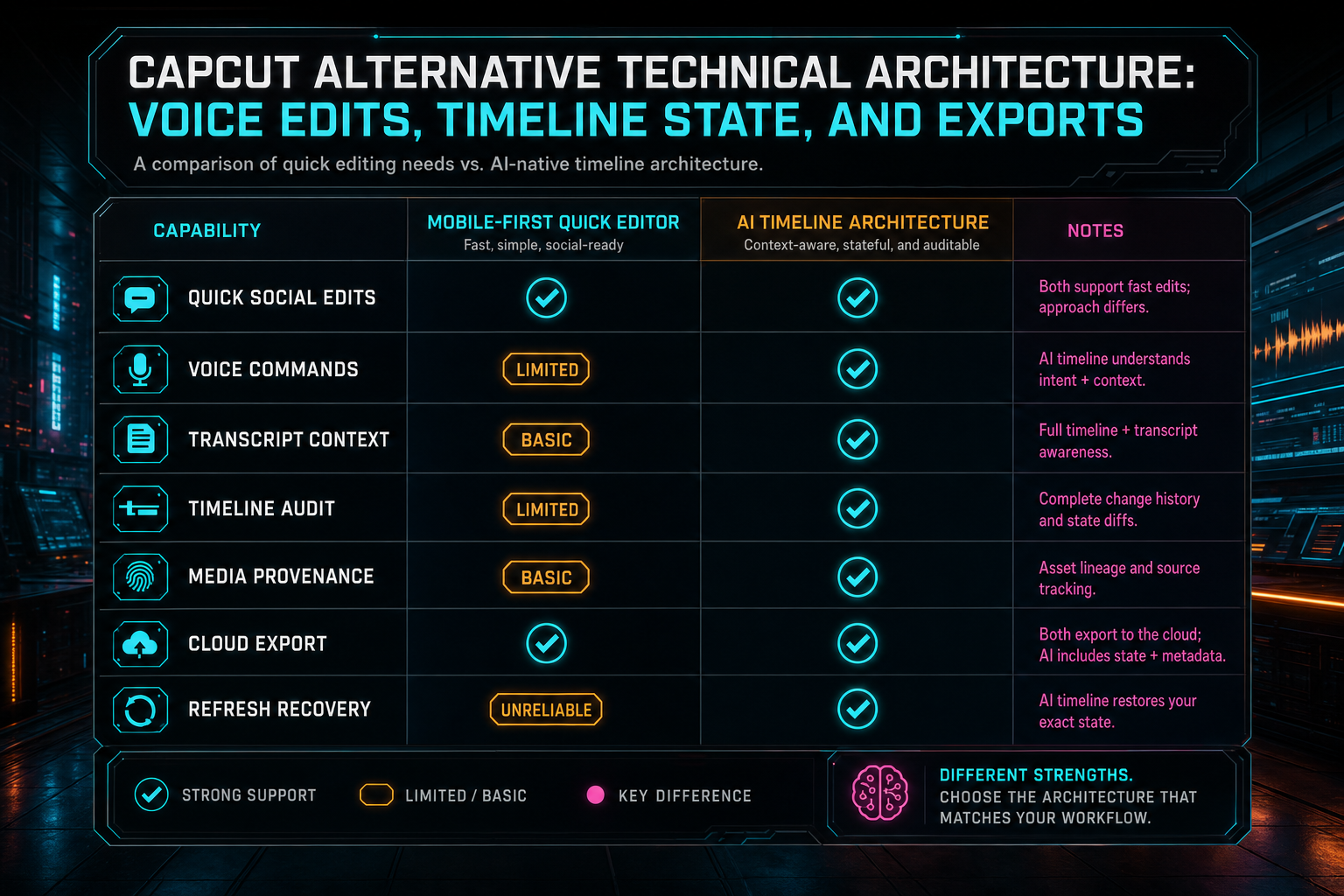 A respectful comparison matrix of CapCut-style quick editing needs and VibeChopper-style AI timeline architecture needs.