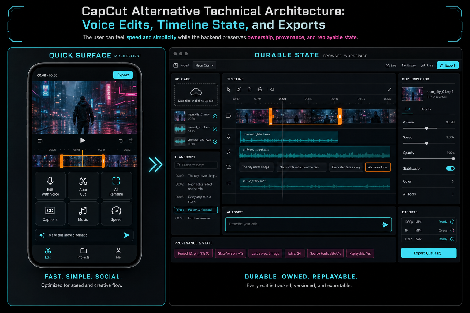 A product callout comparing a fast social editing surface with a durable browser timeline state model.