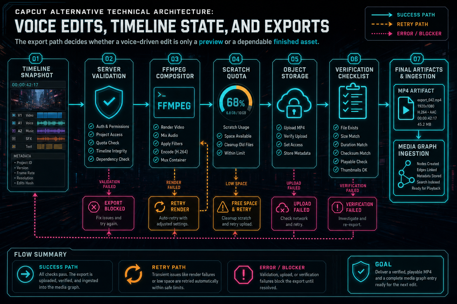 Workflow diagram from timeline snapshot through FFmpeg compositor, object storage upload, verification, and media graph ingestion.