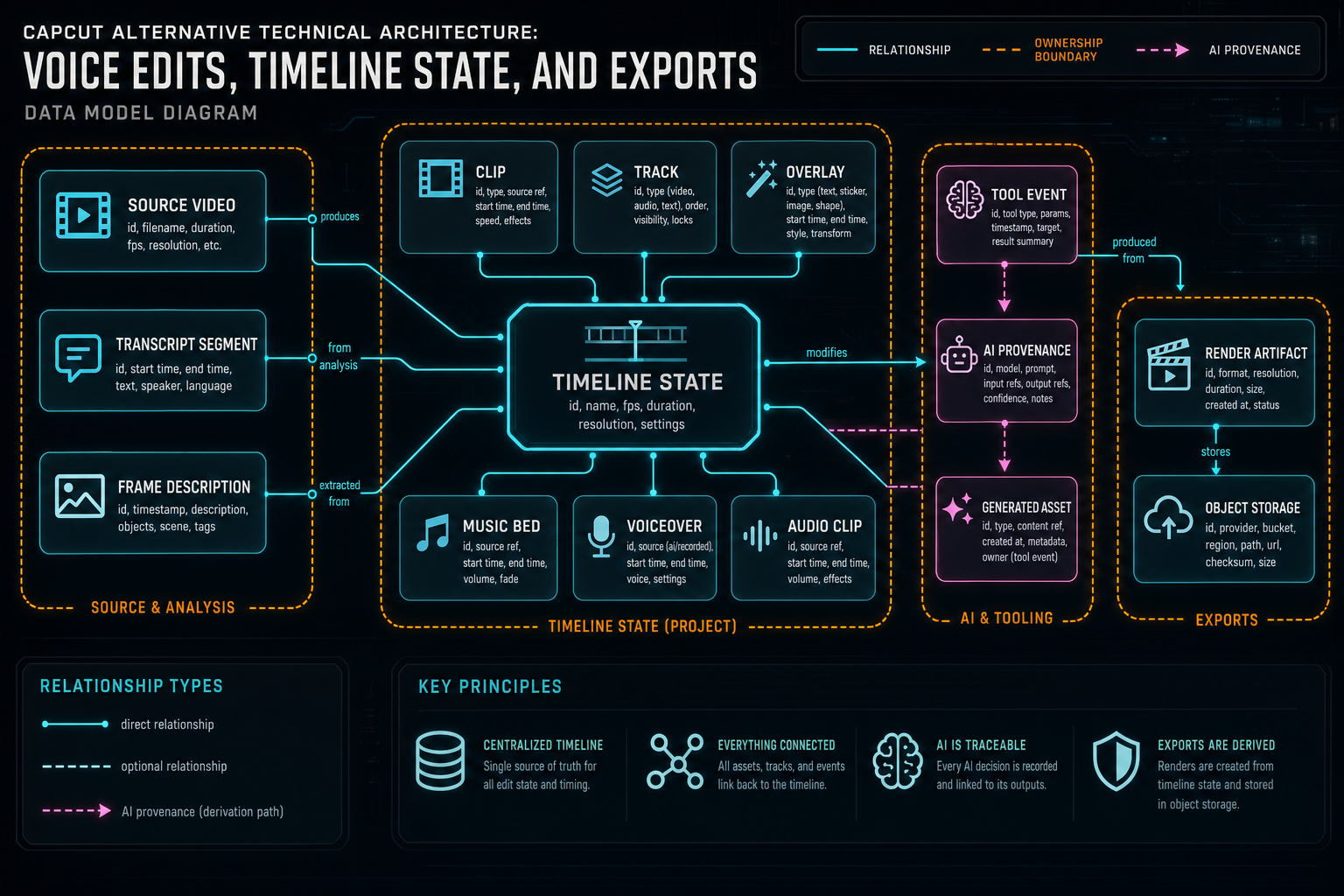 Data model diagram linking source videos, transcript segments, frame descriptions, clips, overlays, music, tool events, and renders.