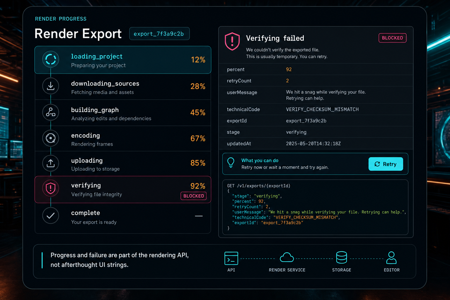 A render progress API callout with stages, percentages, retry state, and user-safe failure messages.