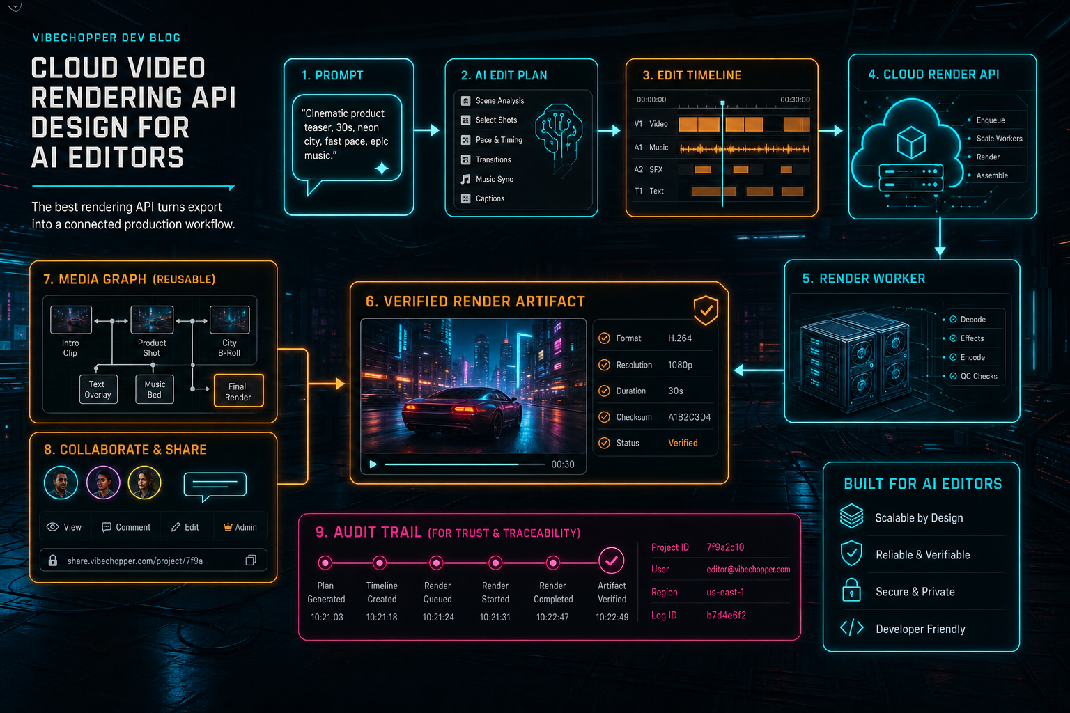 A complete VibeChopper AI editing pipeline from prompt to verified render artifact and reusable media graph.