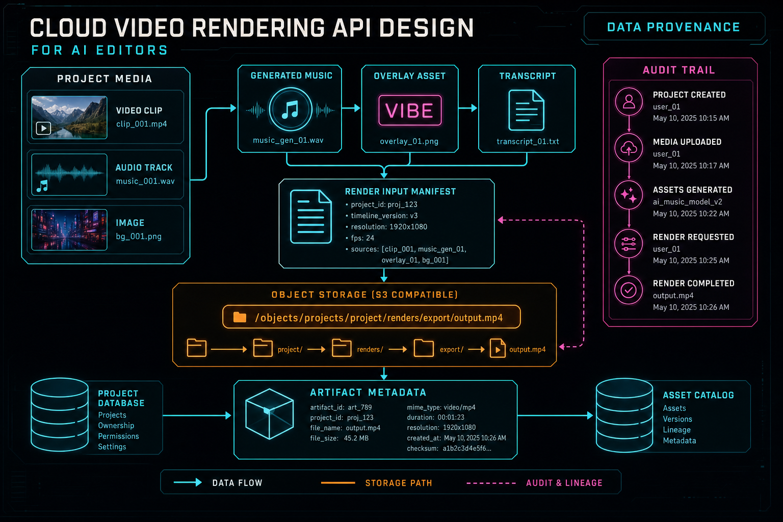 Data provenance diagram linking project media, generated assets, render inputs, object storage paths, and final artifact metadata.
