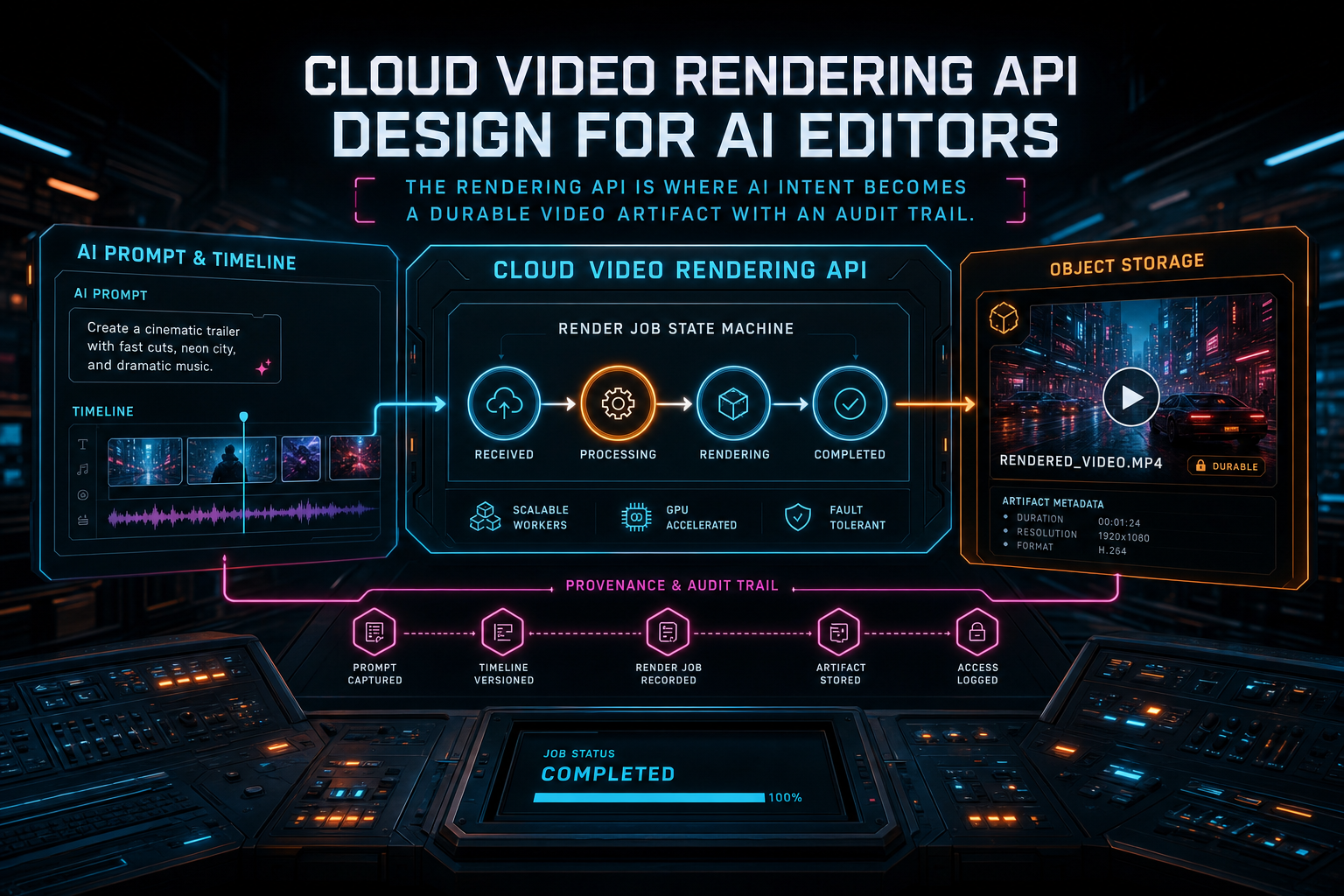 A dark VibeChopper developer console showing an AI timeline flowing into a cloud video rendering API.