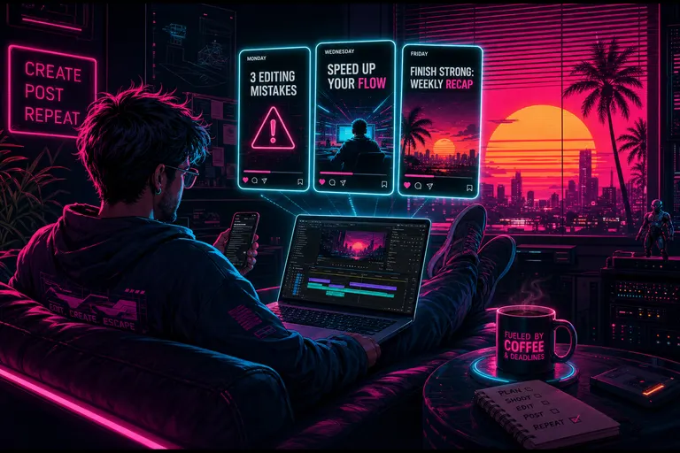 A solo creator on a couch with a phone and laptop, three vertical 9:16 Reel frames floating above the laptop showing a week's worth of posts