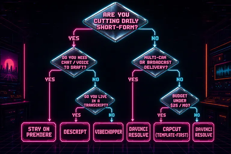 Decision tree diagram for Premiere users: starts with 'Are you cutting daily short-form?' branching down through four questions to a recommended tool at each leaf