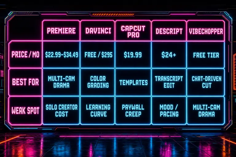 Five-way comparison matrix diagram showing Premiere, DaVinci, CapCut Pro, Descript, and VibeChopper across rows for price, best-for, and weak-spot