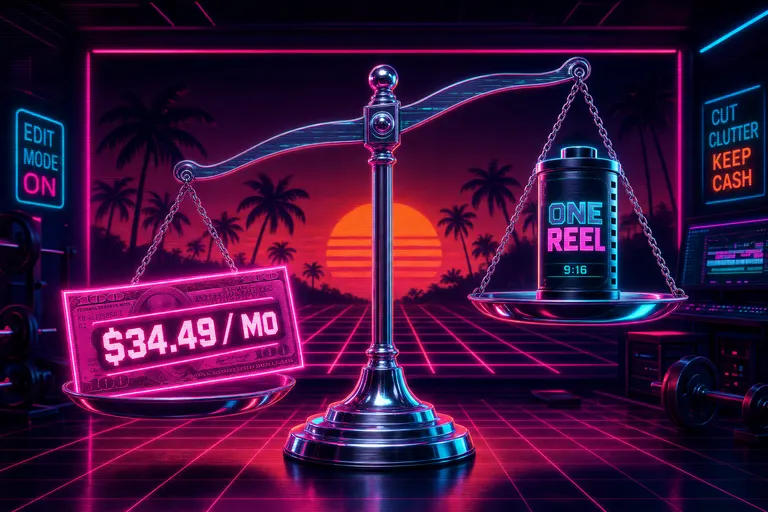 A chrome balance scale weighing a glowing 34.49 dollar bill against a vertical 9:16 Reel canister, neon palm-tree silhouettes behind